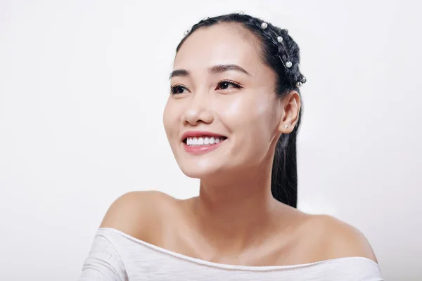 Studio Porträtt Vackra Unga Vietnamesiska Kvinna Med Toothy Leende Och — Stockfoto