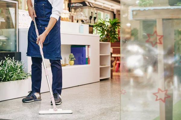 Waiter Apron Wiping Floor Cafe Morning Opening — Stock Photo, Image