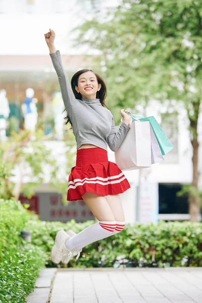 Happy Excited Vietnamese Girl Short Skirt Thigh High Socks Jumping — Stock Photo, Image