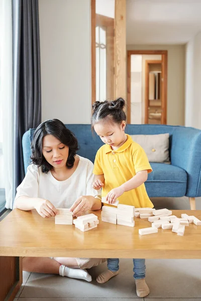 Jonge Aziatische Vrouw Haar Dochtertje Spelen Met Houten Stenen Het — Stockfoto