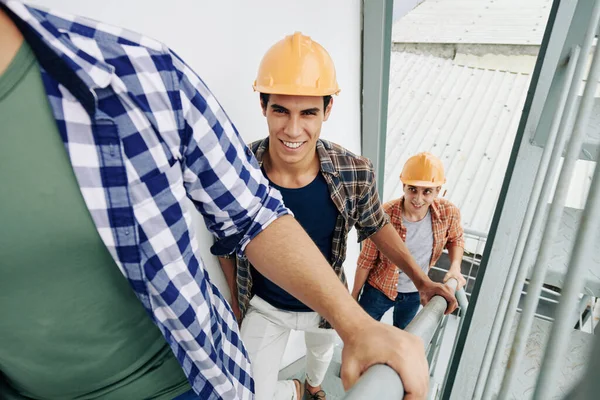 Handsome Young Construction Engineer Walking Stairs Going Work Colleagues Morning — Stock Photo, Image