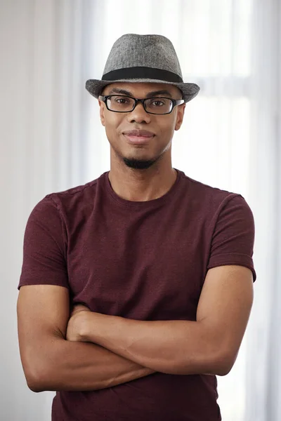 Portrait Handsome Smiling Young Black Man Fedora Hat Glasses Crossing — Stock Photo, Image