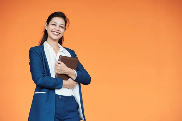 Portrait Lovely Young Female Entrepreneur Tablet Computer Posing Orange Background — Stock Photo, Image