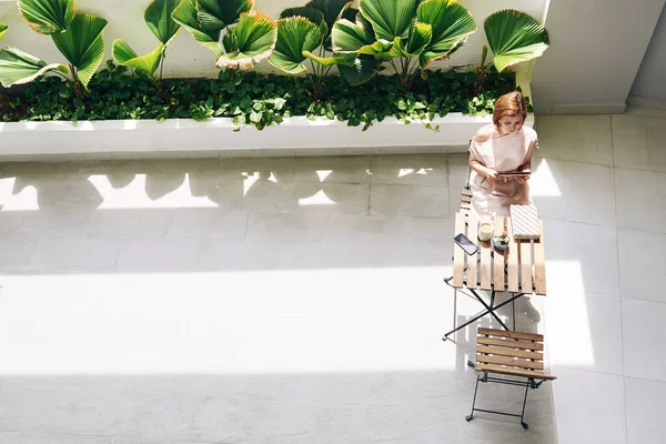 Kafe masasında dinlenirken masa bilgisayarında yazı okuyan kadın