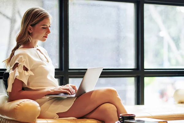 Serious Young Businesswoman Sitting Comfy Sofa Cafe Working Laptop — Stock Photo, Image