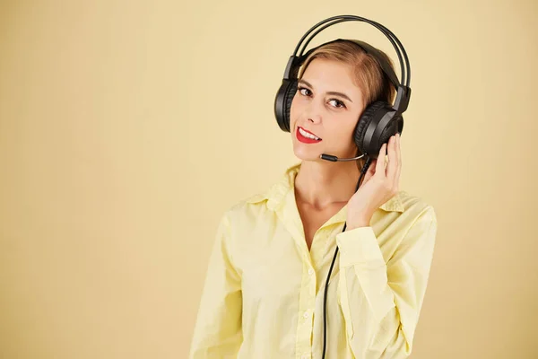 Portrait Technical Support Operator Headset Having Problems Connection Isolated Light — Stock Photo, Image