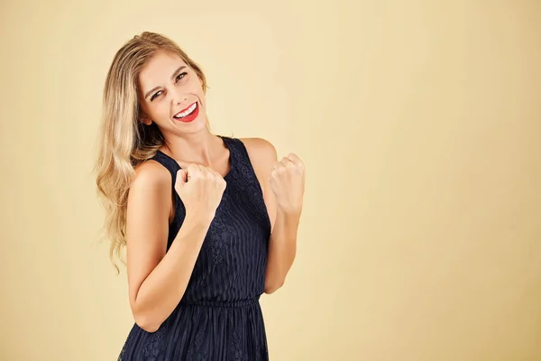 Portrait Happy Excited Young Woman Red Lips Looking Camera Celebrating — Stock Photo, Image