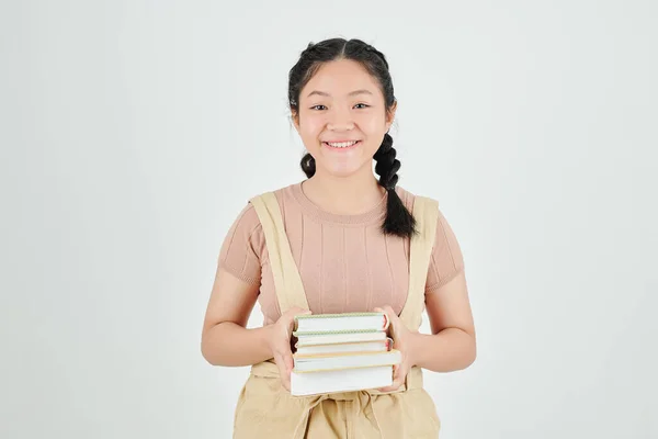 Retrato Chica Feliz Con Pila Libros Aislados Gris Claro —  Fotos de Stock