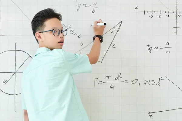 Vietnamese Schoolboy Listening Advice Classmate Solving Geometry Task Writing Whiteboard — Stock Photo, Image