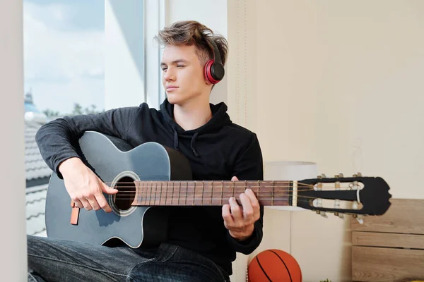 Portrait Pensive Teenager Headphones Working New Song Sitting Window Sill — Stock Photo, Image