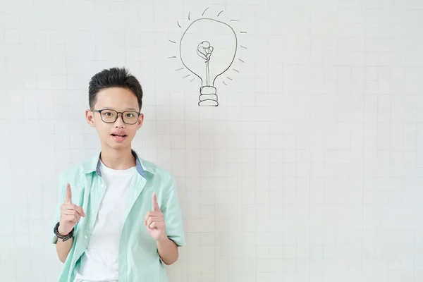 Vietnamese Scholier Staand Aan Whiteboard Met Gloeilamptekening Wijzend Met Wijsvingers — Stockfoto