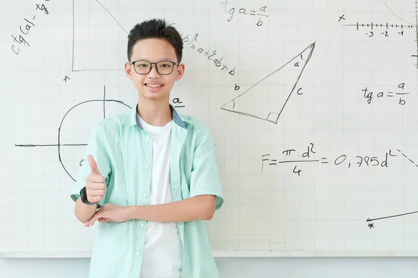 Écolier Vietnamien Souriant Dans Des Lunettes Debout Tableau Blanc Avec — Photo