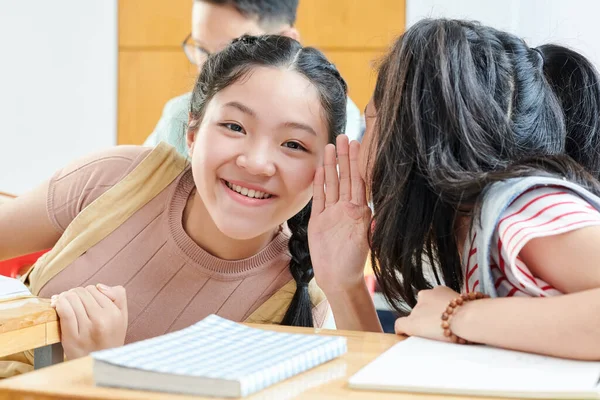 Okullu Kız Ders Sırasında Gülümseyen Bir Arkadaşın Kulağına Gizlice Fısıldıyor — Stok fotoğraf