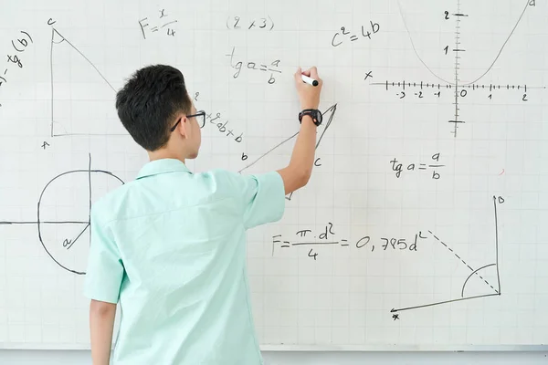 Schoolboy Glass Writing Geometry Equation Whiteboard View Back Stock Image