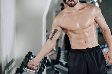 Gömleksiz, kaslı, formda genç bir adamın dambıllı halinin görüntüsü.