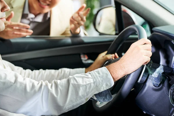 Close Man Sitting Holding Wheel While Testing New Car Together — Stock Photo, Image