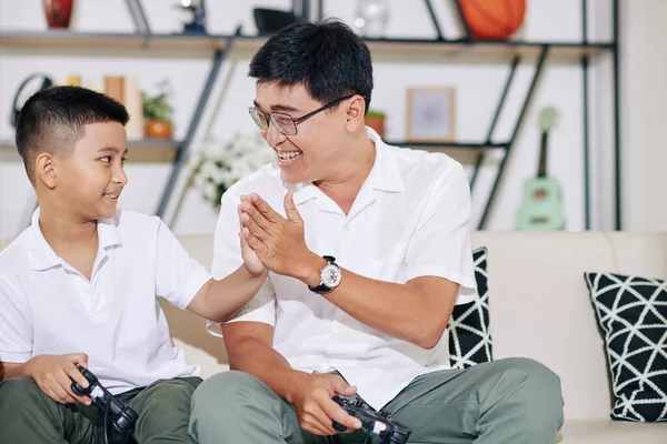 Cheerful Father Son Giving Each Other High Five Finishing Playing — Stock Photo, Image