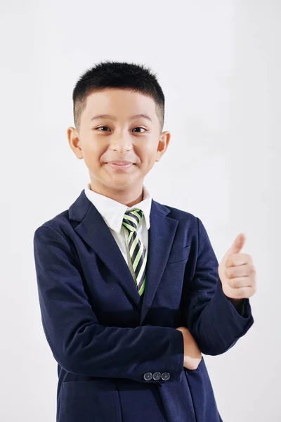 Portrait Cheerful Diligent Vietnamese Schoolboy Showing Thumbs Smiling Camera — Stock Photo, Image