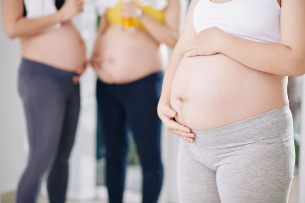 Imagen Recortada Mujer Embarazada Parte Superior Cosecha Polainas Suaves Tocando —  Fotos de Stock