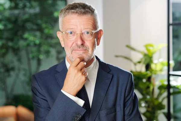 Retrato Hombre Negocios Sénior Emocionado Sonriendo Gafas Tocando Barbilla Mirando —  Fotos de Stock