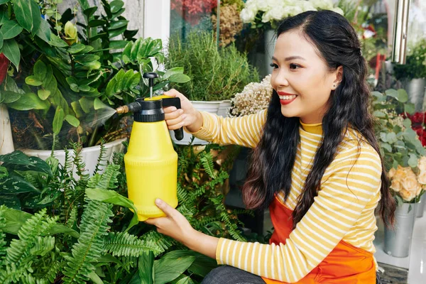 Bastante Sonriente Joven Florista Asiática Rociando Plantas Flores Tienda —  Fotos de Stock