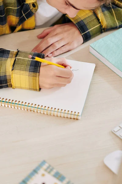 Close Image Creative Teenage Boy Drawing Notebook Sitting Desk — Stock Photo, Image