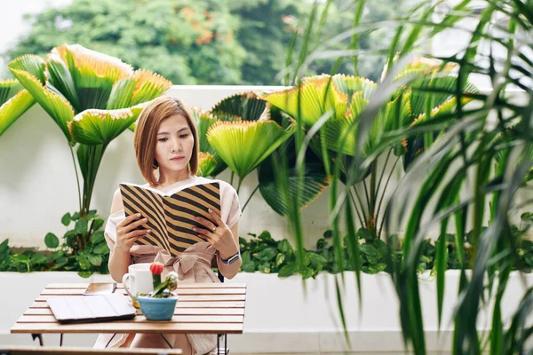 Komoly Csinos Fiatal Ázsiai Pihen Kávézó Asztal Olvasás Magával Ragadó — Stock Fotó