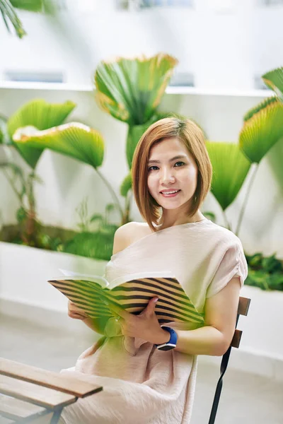 Portrait Smiling Attractive Young Vietnamese Woman Sitting Cafe Table Opened — Stock Photo, Image