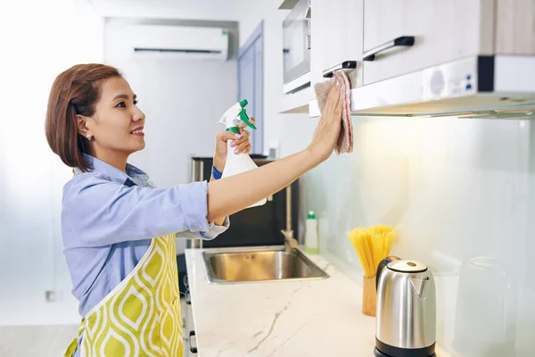 Веселая Молодая Вьетнамская Домохозяйка Чистит Кухонные Шкафы Дезинфицирующим Спреем — стоковое фото