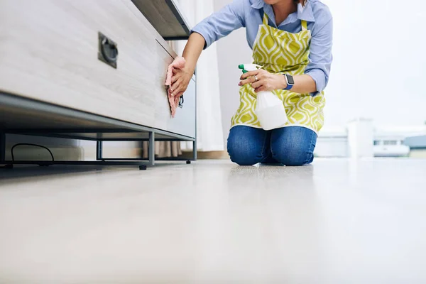 Cropped Image Housewife Disinfecting Drawers Living Room Special Detergent — Stock Photo, Image