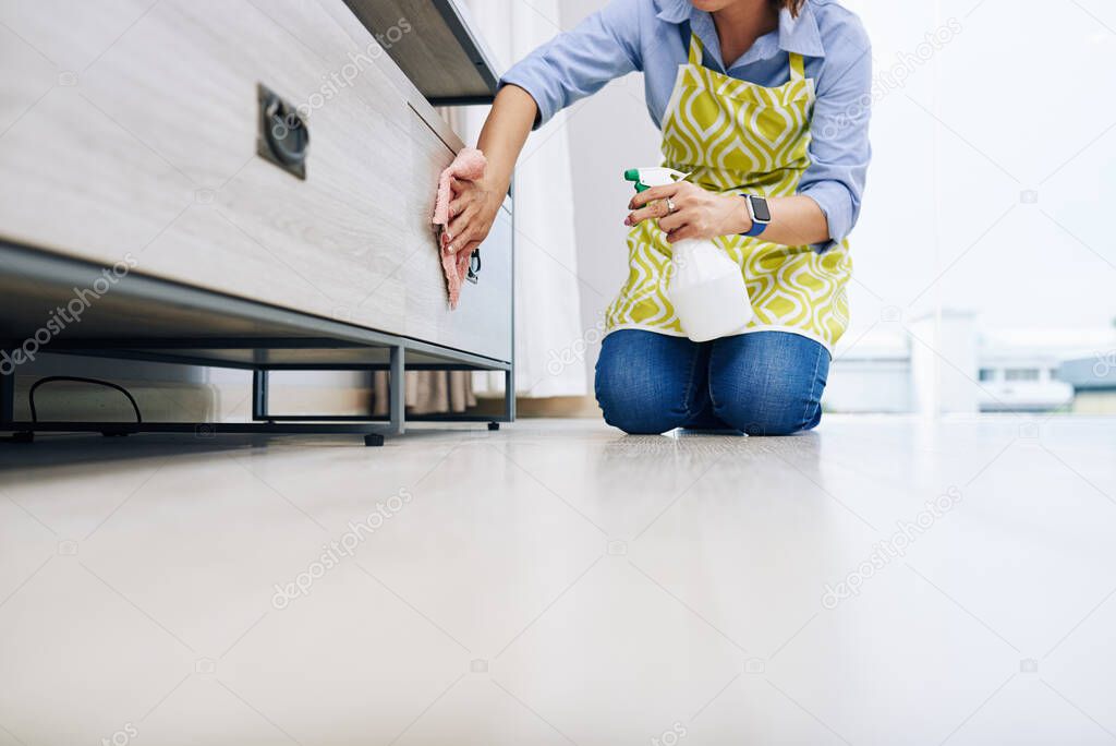 Cropped image of housewife disinfecting drawers in living room with special detergent