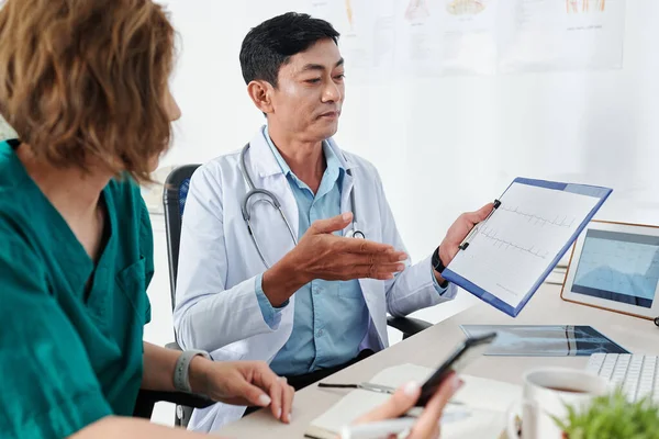 Kardiolog Och Kirurg Diskuterar Kardiogram Patienten — Stockfoto