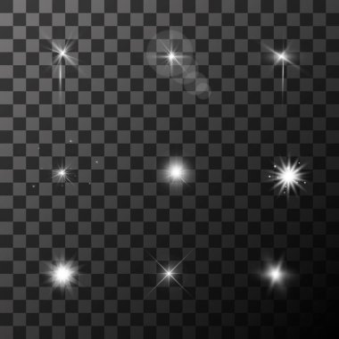 Pırıltı objektif mercek parlamaları, parlama ışık vektör efektleri. Saydam arka plan illüstrasyon üzerinde beyaz yıldız enerji topluluğu