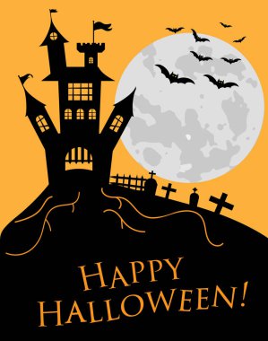 Cadılar Bayramınız Kutlu Olsun. Bir cadı şapka bir Cadılar Bayramı kedi dolunay karşı süpürge geceleri uçar. Castle, iki Halloween pumpkins, uçucu vampirler ve yıldız cadı. Vektör, düz stil, çizgi film.