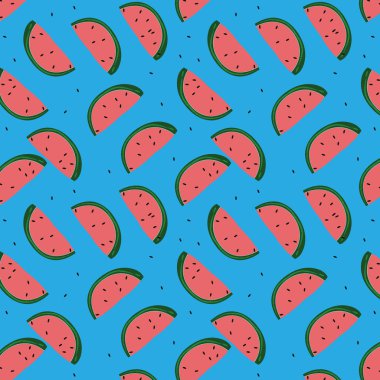 Sorunsuz duvar kağıdı deseni karpuz dilimleri ile taze meyve tasarım yaz. Vektör çizim elle çizilmiş yaz arka plan, şal, duvar kağıdı, kapak, kumaş, kumaş, tekstil tasarımı. Renk örneği.