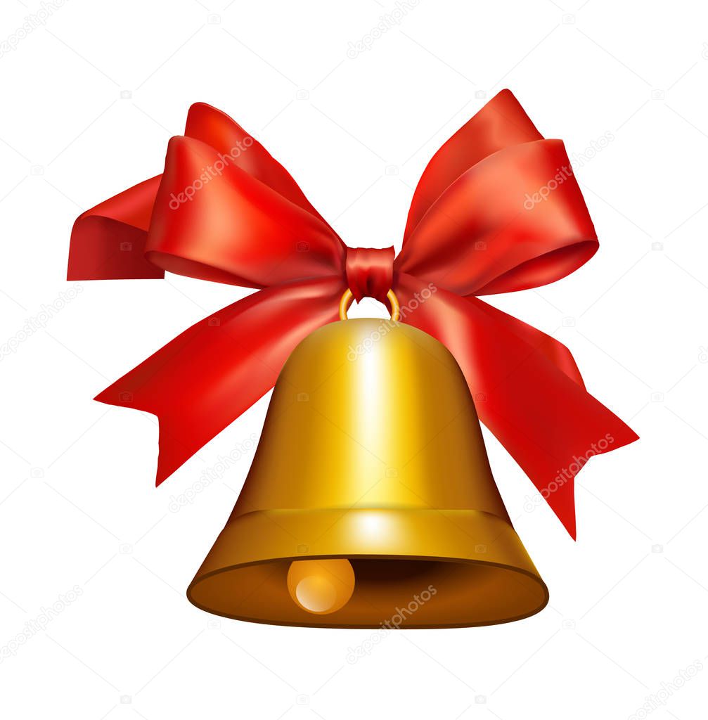 Golden bell with red ribbon symbol accessory christmas. Isolated on white vector illustration