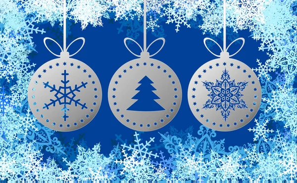Christmas gratulationskort mall med vita snöflingor och julgranskulor i blå snöiga bakgrund. Vector mall — Stock vektor