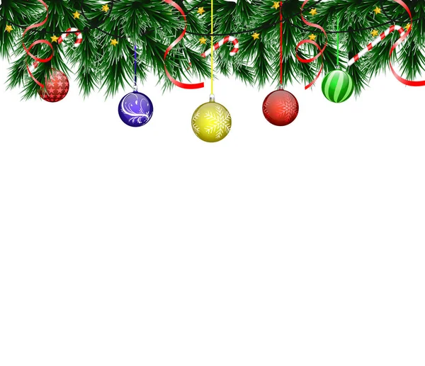 Carte Noël Avec Branches Sapin Réalistes Boules Sur Fond Blanc — Image vectorielle