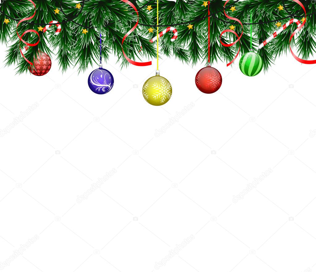 Christmas card with realistic fir branches and balls on a white background with an inscription