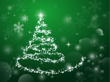 Soyut ışık yeşil Noel ağacı bokeh ve parlak koyu arka plan üzerinde. Vektör sihirli çizim Noel ve yeni yıl için. Sihirli ışık, kar taneleri ve serin yıldız