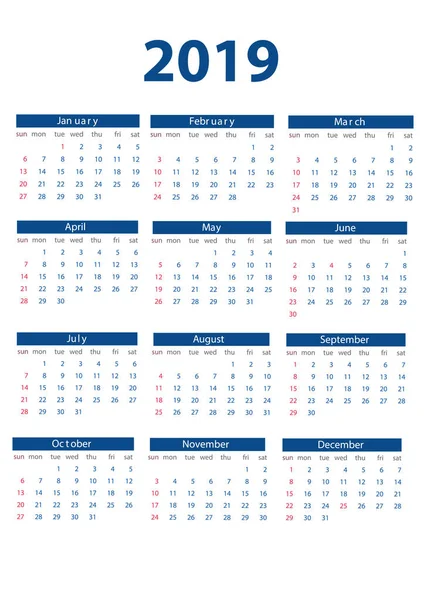 Año 2019 2020 Plantilla Diseño Vectores Calendario Diseño Simple Limpio — Archivo Imágenes Vectoriales