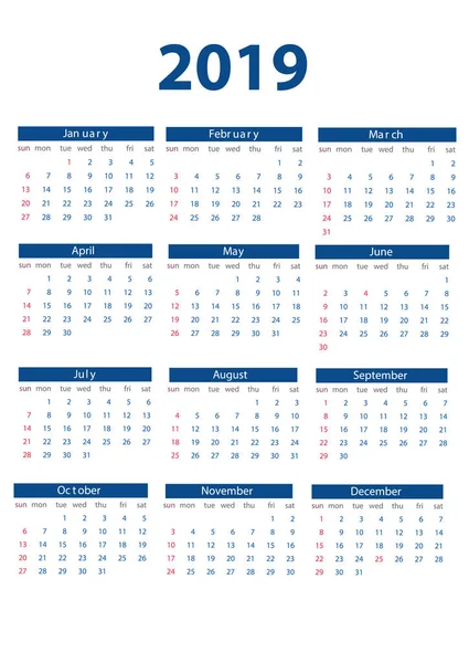 Año 2019 2020 Plantilla Diseño Vectores Calendario Diseño Simple Limpio — Vector de stock