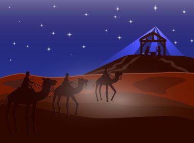 Bebek İsa Meryem ile yemlik ve hayvanlar ve üç Akil adam mesafe Bethlehem şehir ile çevrili siluet içinde Noel Hıristiyan Doğum sahnesi