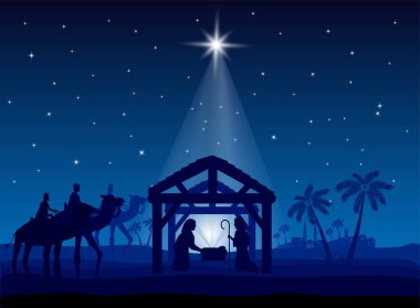 Traditional Christian Christmas Nativity Scene of baby Jesus in the manger with Mary and Joseph in silhouette surrounded by the animals and wise men in the distance with the city of Bethlehem clipart
