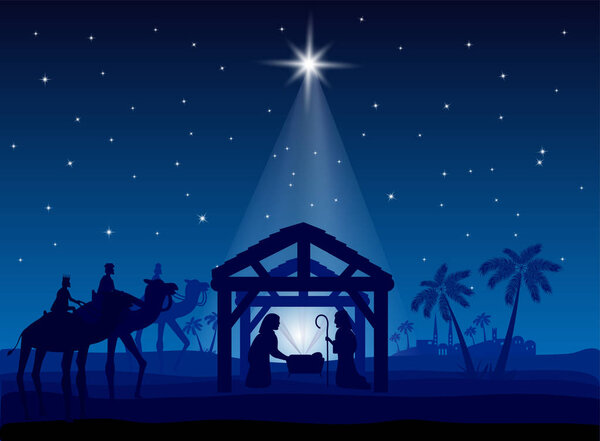 Traditional Christian Christmas Nativity Scene of baby Jesus in the manger with Mary and Joseph in silhouette surrounded by the animals and wise men in the distance with the city of Bethlehem