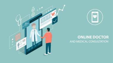 Profesyonel bir doktorla çevrimiçi olarak buluşan hasta akıllı telefon ve el sıkışma, online tıbbi danışma konsepti