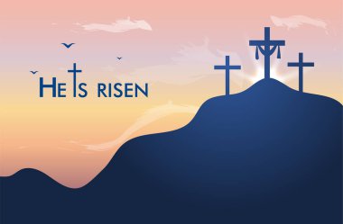 Vektör manzara ile dini konulu Paskalya Pazar kelime, yeniden doğdu. Easter illüstrasyon mount Calvary ve bir siluetleri üç gün batımında haçlar. Paskalya veya iyi Cuma için banner