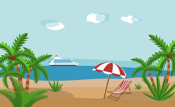 Paisaje de chaise lounge de madera, palmera en la playa. Paraguas. Sol con nubes. Día en lugar tropical. Ilustración vectorial en estilo plano — Vector de stock