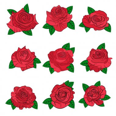 Çiçekler güller, kırmızı tomurcuklar ve yeşil yapraklar. Koleksiyonu hazırla. Beyaz arka planda izole edilmiş. Vektör illüstrasyonu.