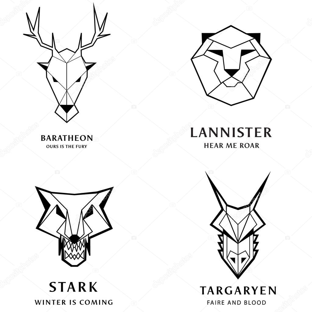 Great kingdoms houses gaming heraldic vector icons with line animals and throne symbols. Animal tattoo for medieval heraldry illustration